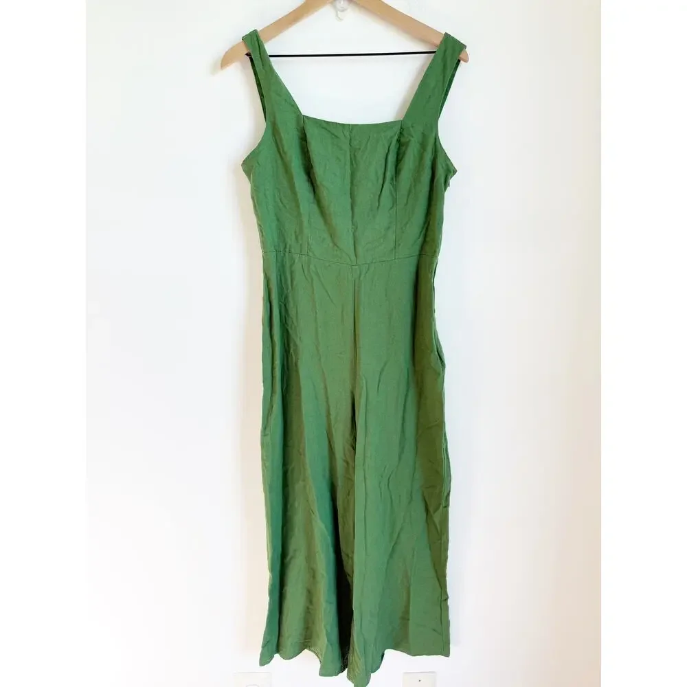 NWT Mango Green Linen Jumper Jumpsuit Medium